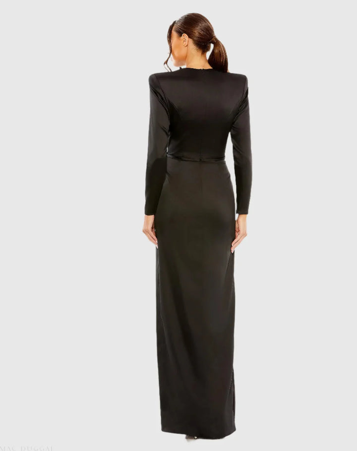 Dark Green Long Sleeve Satin Structured Bow Draped Column Gown - FOSTANI.com
