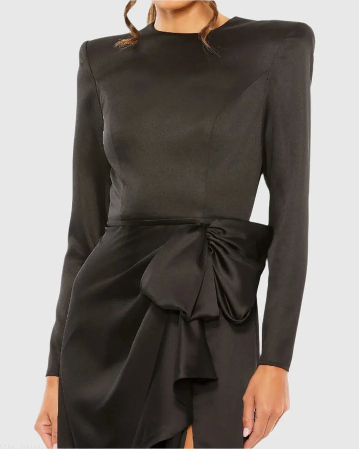 Dark Green Long Sleeve Satin Structured Bow Draped Column Gown - FOSTANI.com