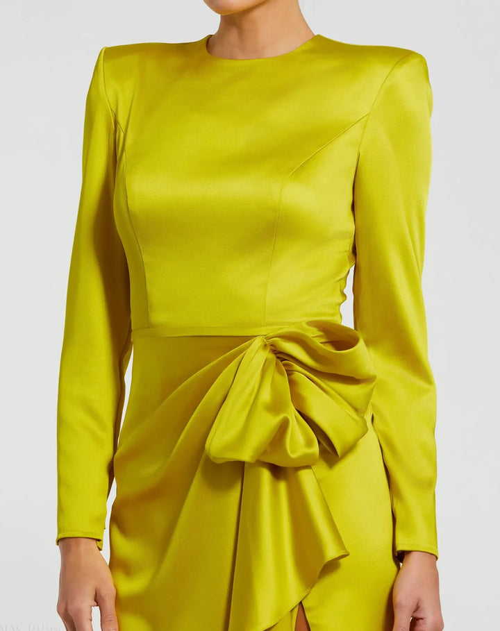 Dark Green Long Sleeve Satin Structured Bow Draped Column Gown - FOSTANI.com