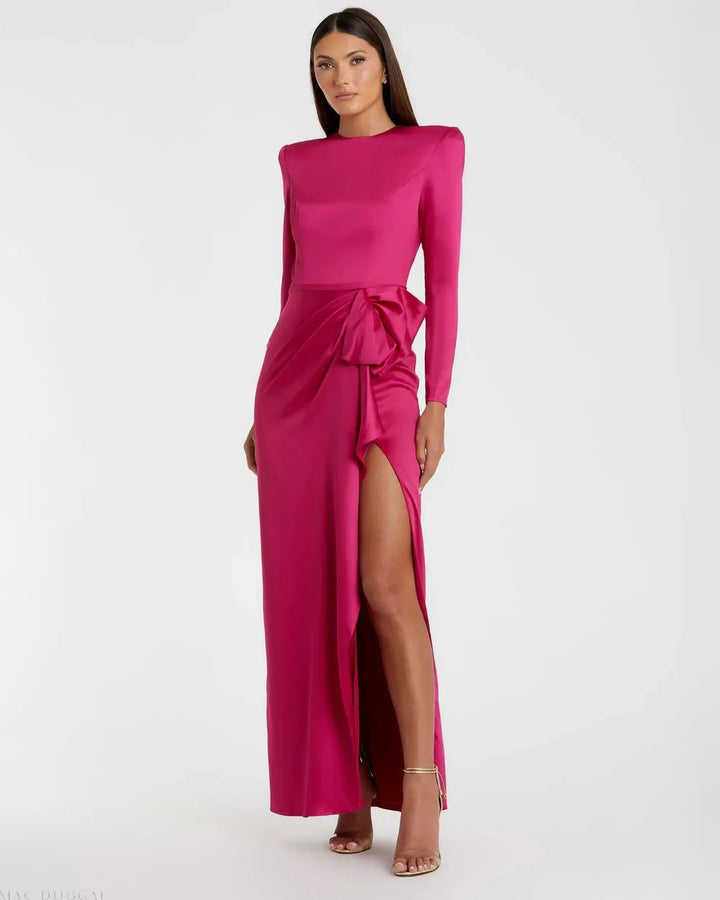 Dark Green Long Sleeve Satin Structured Bow Draped Column Gown - FOSTANI.com