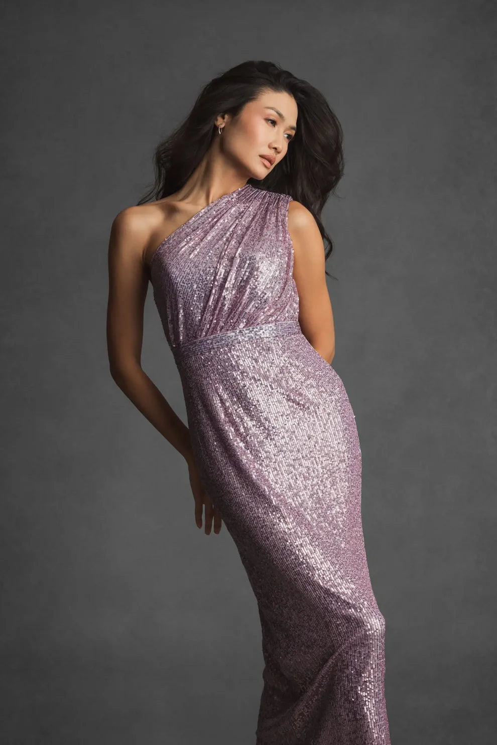 Mac Duggal 9926694P Petite Dark Green Sequined Ruched One Shoulder Gown