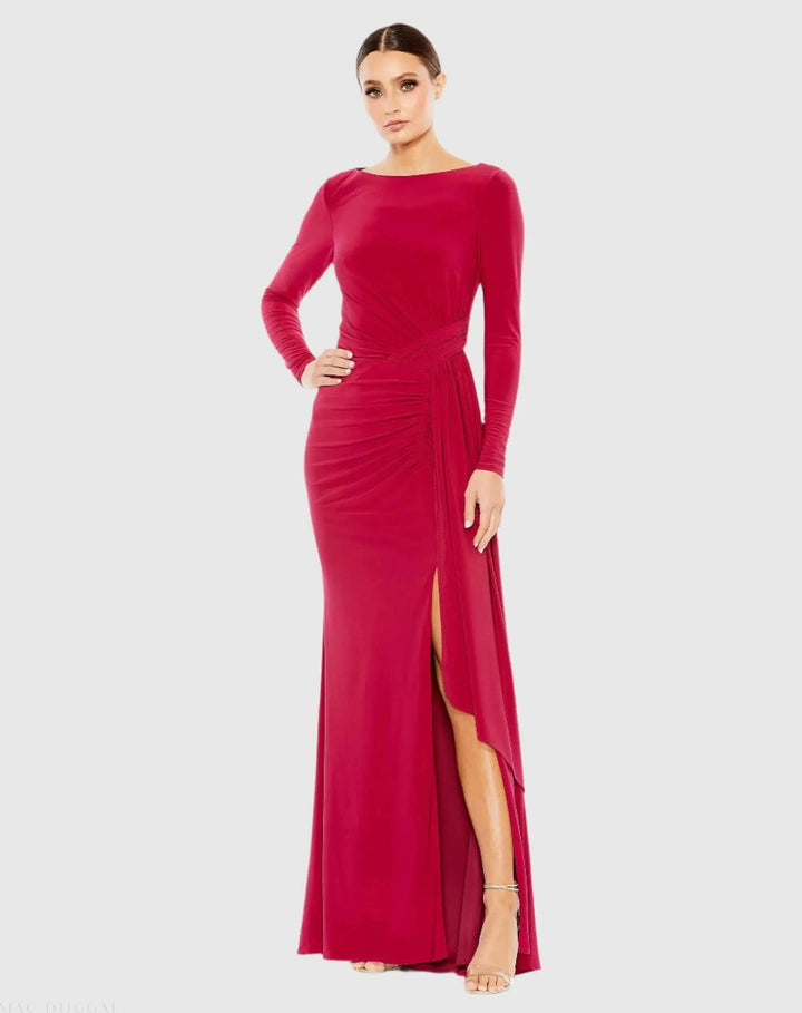 Mac Duggal 26714 Ruched Long Sleeve Boat Neck Gown