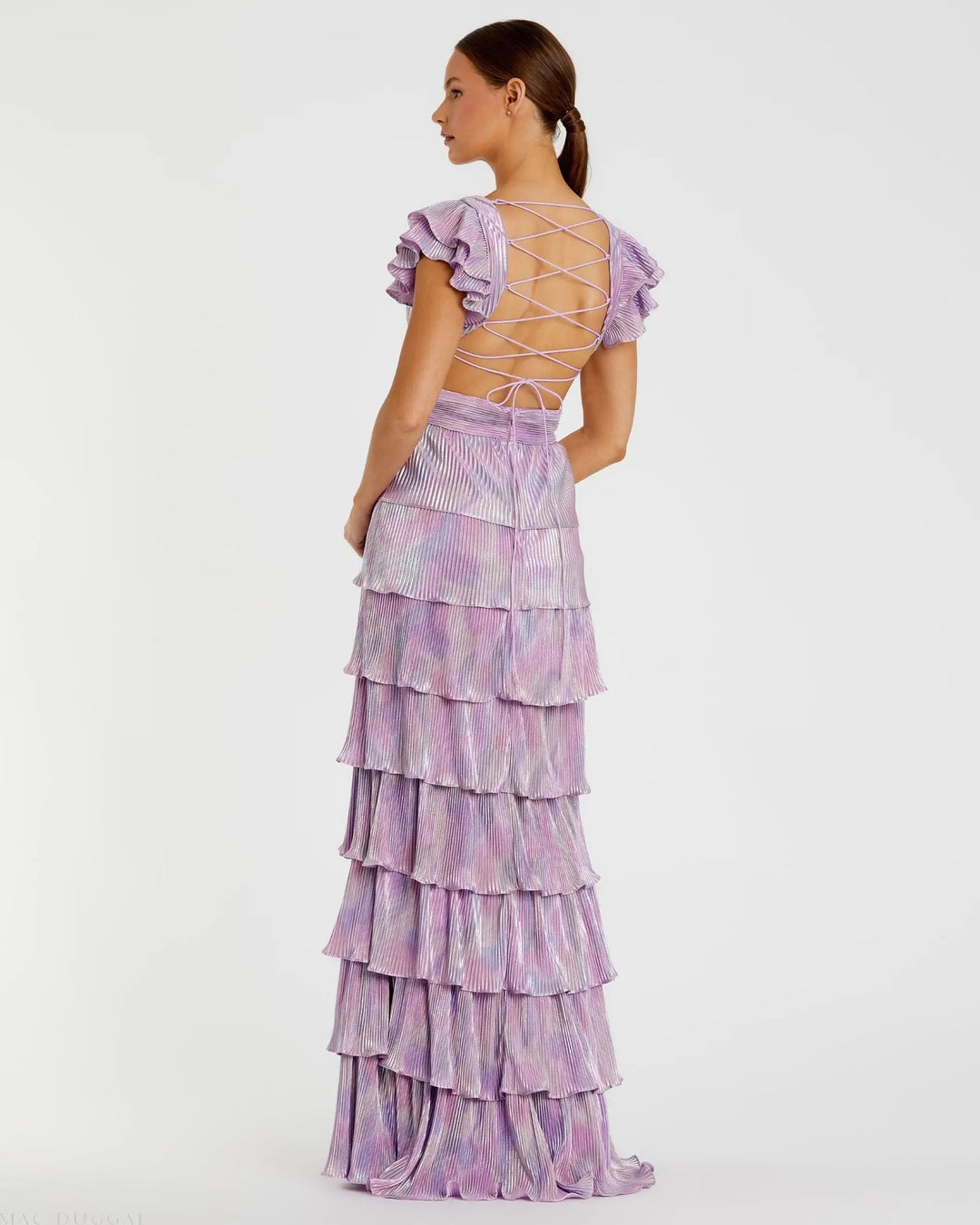 Mac Duggal 26740 Purple Ruffle Tiered Criss Cross Lace Up Gown