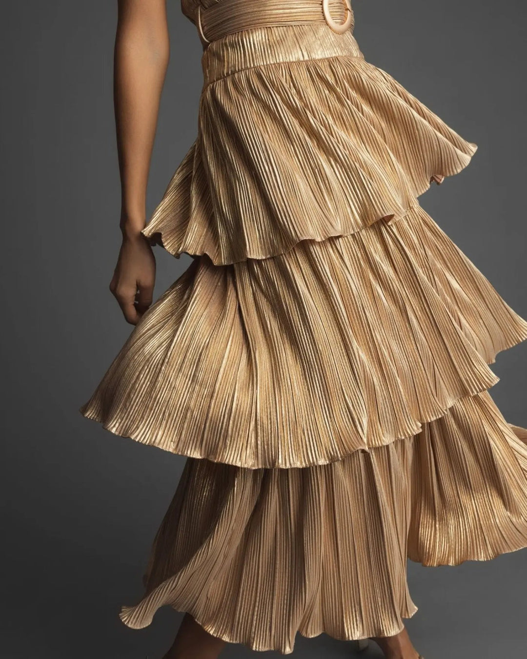 Mac Duggal 27062 Gold Ruffle Tiered Buckle Detail Dress