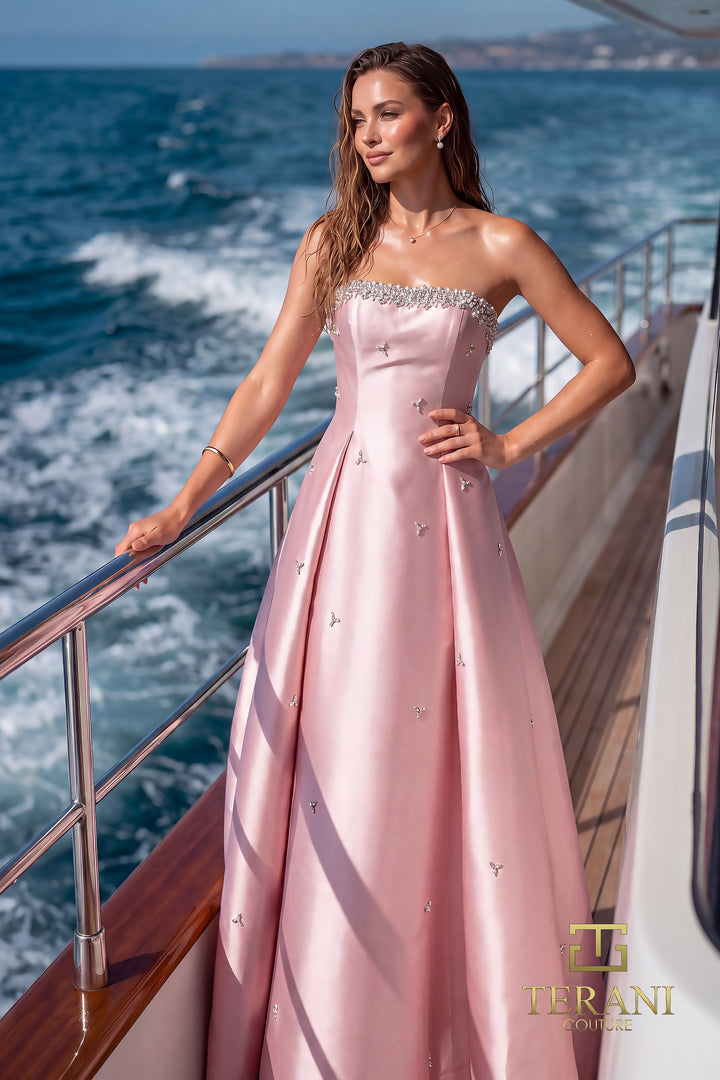 Terani 271E8077 strapless beaded scallop box pleat ball gown evening dress front view