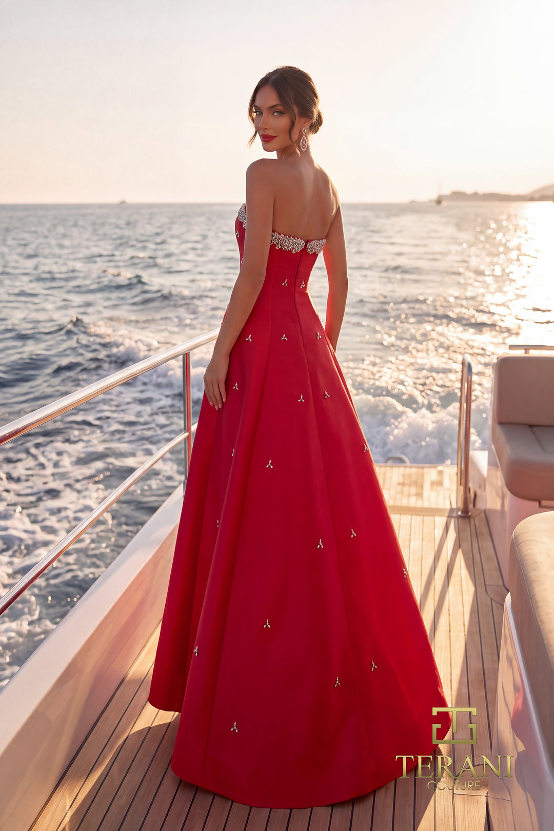 Terani 271E8077 strapless beaded scallop box pleat ball gown evening dress three-quarter back view