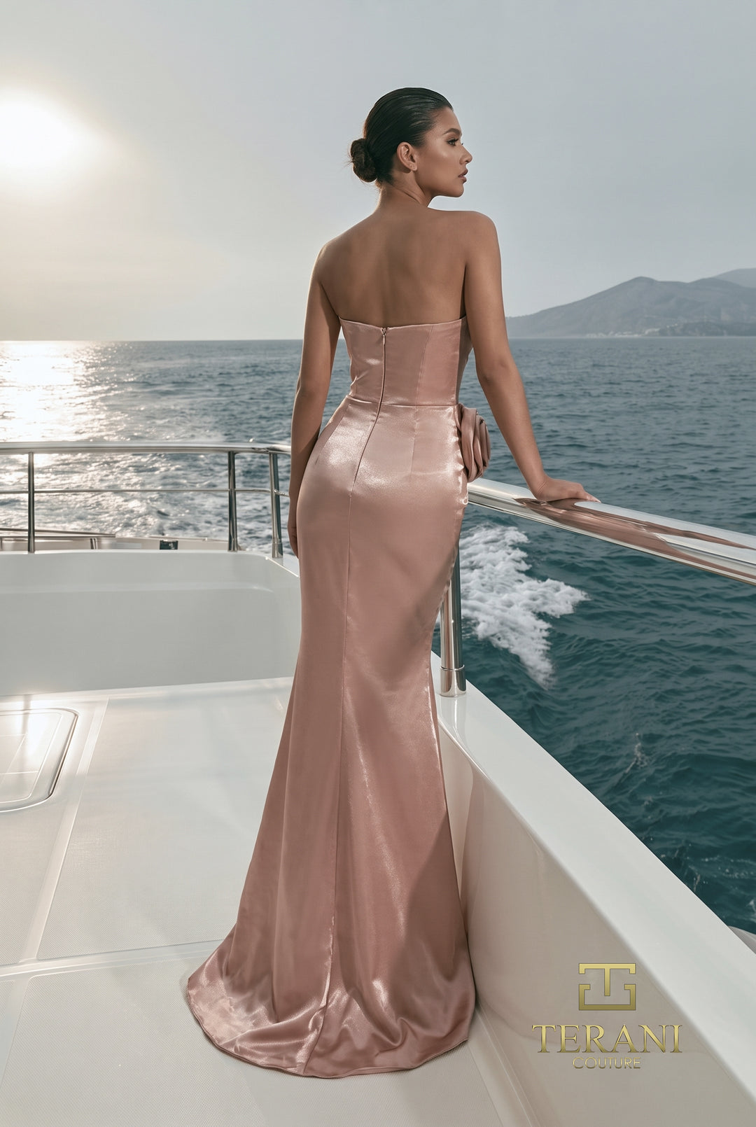 Terani 271E8316 strapless mermaid evening gown zipper back view