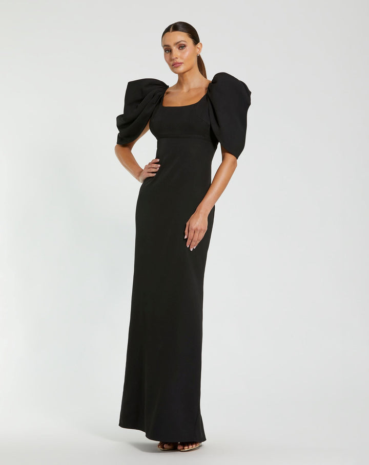 Mac Duggal 27534 Fitted Crepe Square Neck Gown with Puff Sleeves