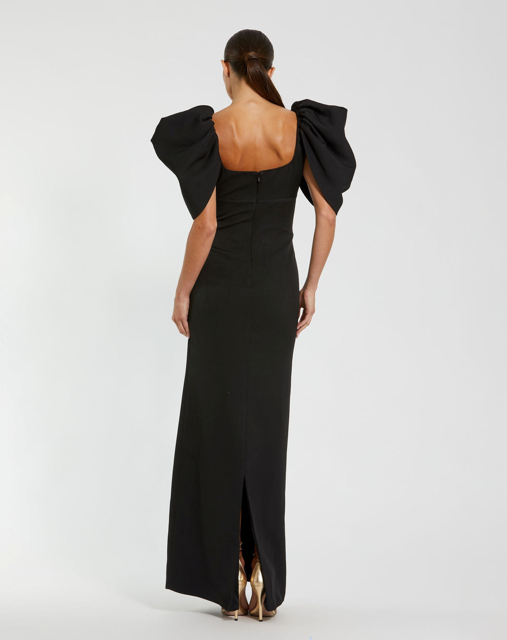 Mac Duggal 27534 Fitted Crepe Square Neck Gown with Puff Sleeves
