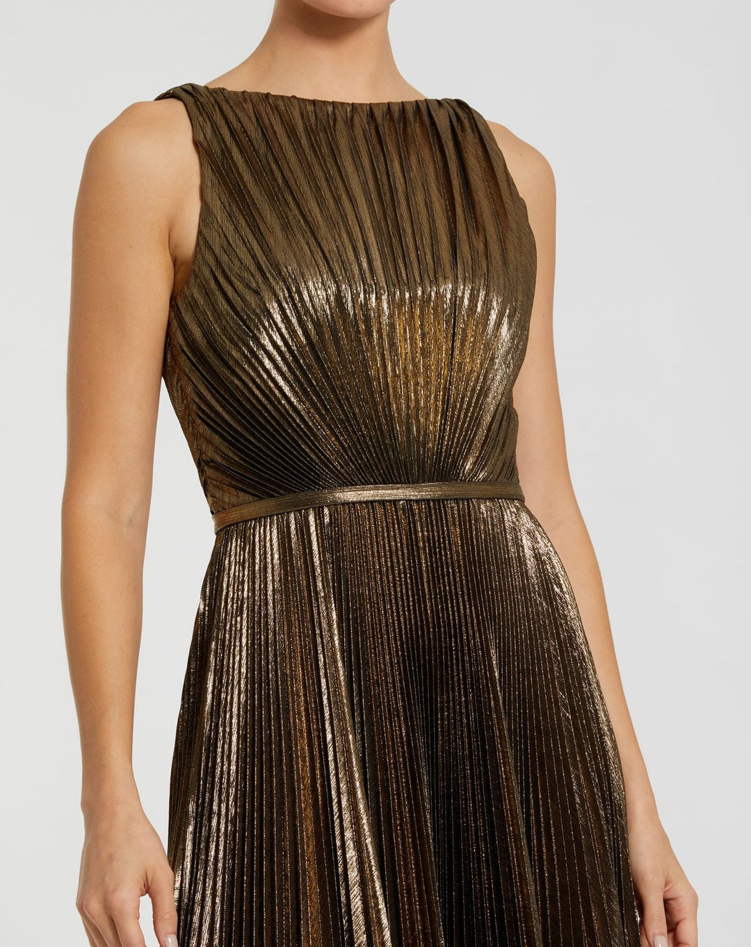 Mac Duggal 27611 Gold Metallic Pleated High Neck Midi Dress