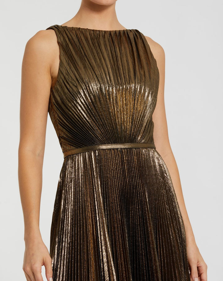 Mac Duggal 27611 Gold Metallic Pleated High Neck Midi Dress