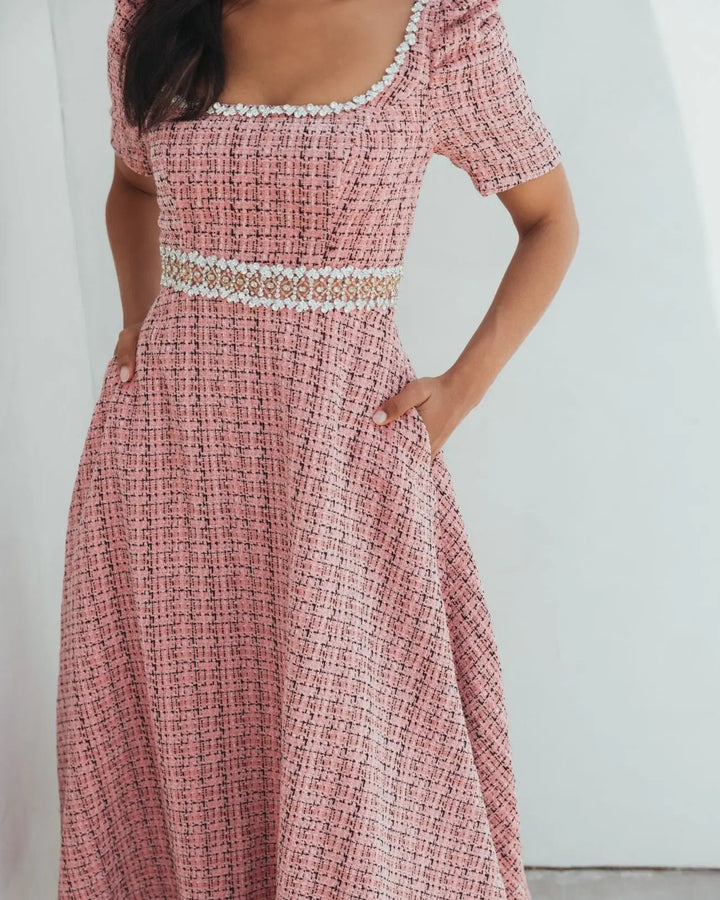 Mac Duggal 27687 Pink Puff Sleeve Boucle Midi Dress With Beaded Belt
