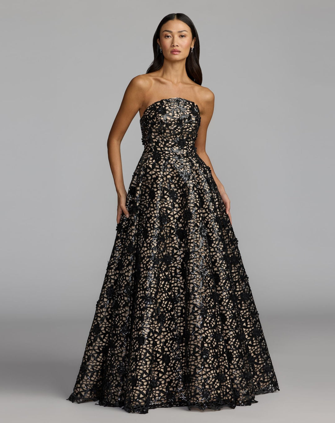 Mac Duggal 27809 Sequin Floral Lace Strapless Ball Gown