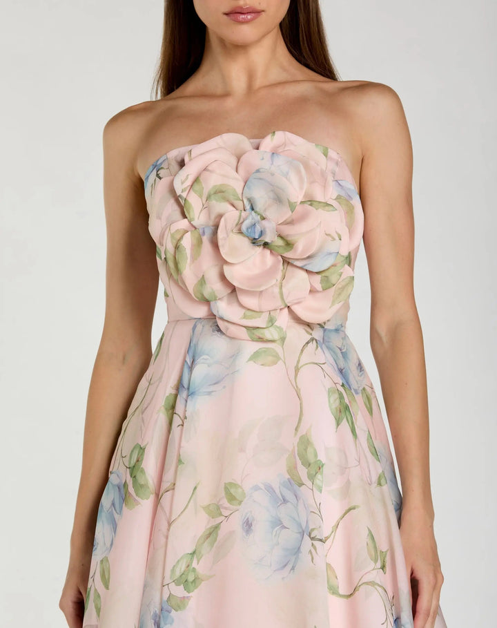 Pink Strapless Floral Organza Midi Dress With Flower - FOSTANI.com