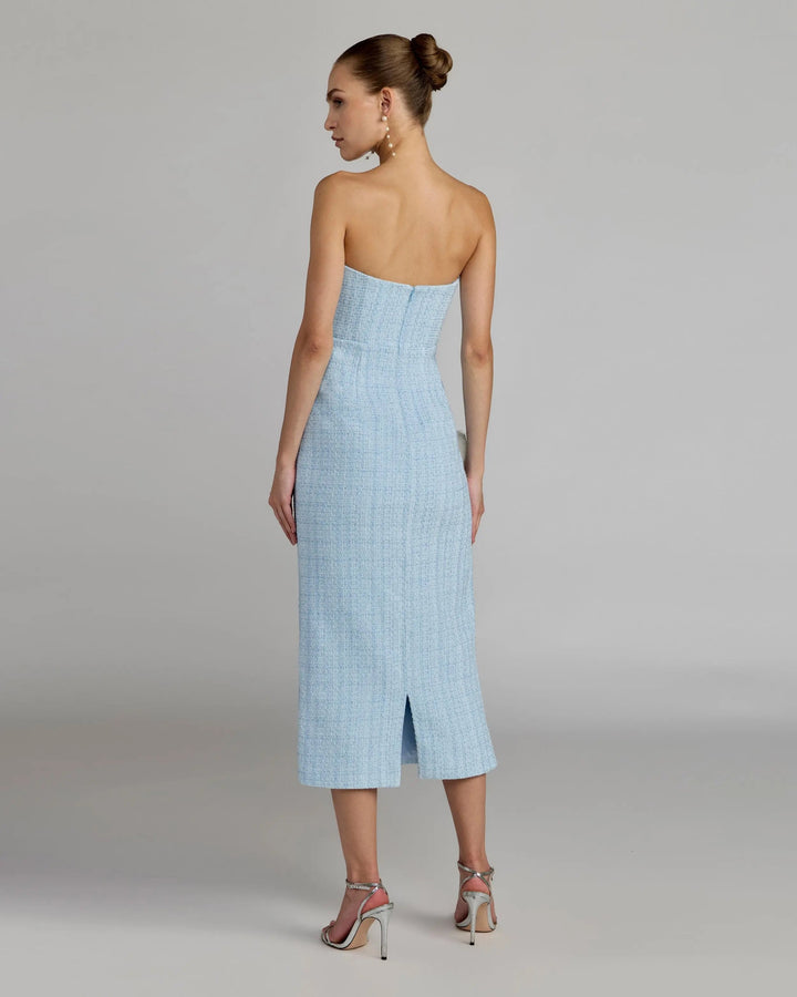 Blue Boucle Strapless 3D Floral Midi Dress - FOSTANI.com
