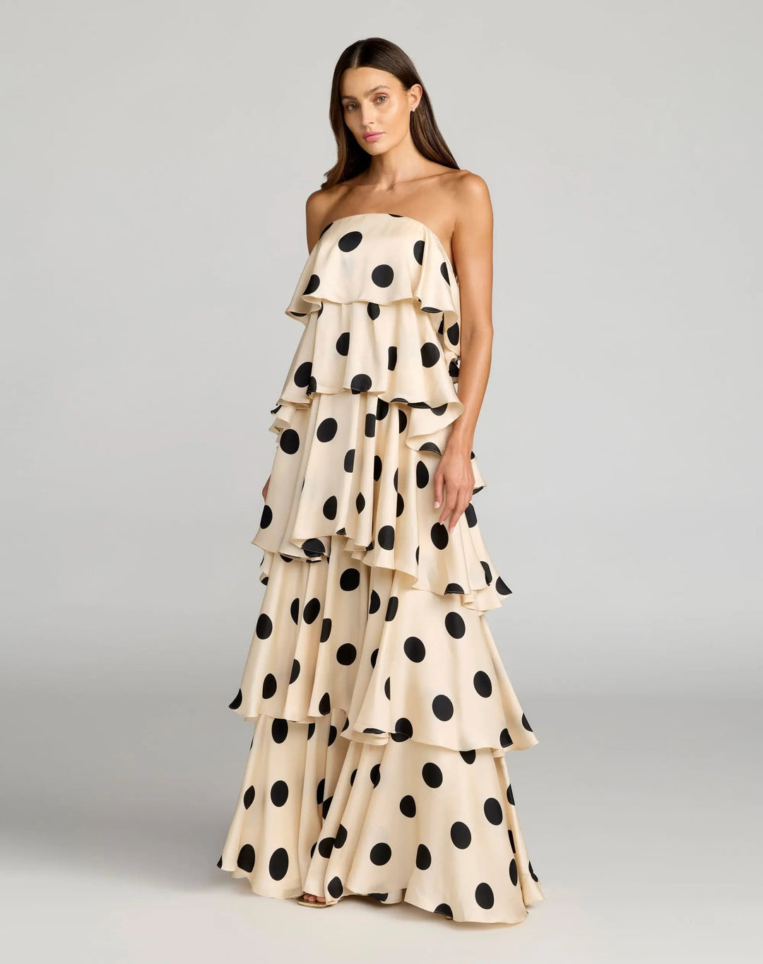 Beige Strapless Polka Dot Charmeuse Ruffle Gown - FOSTANI.com
