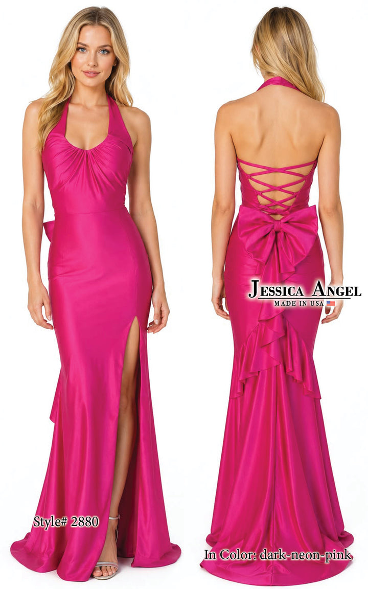 Jessica Angel 2880 halter slit gown front and back view