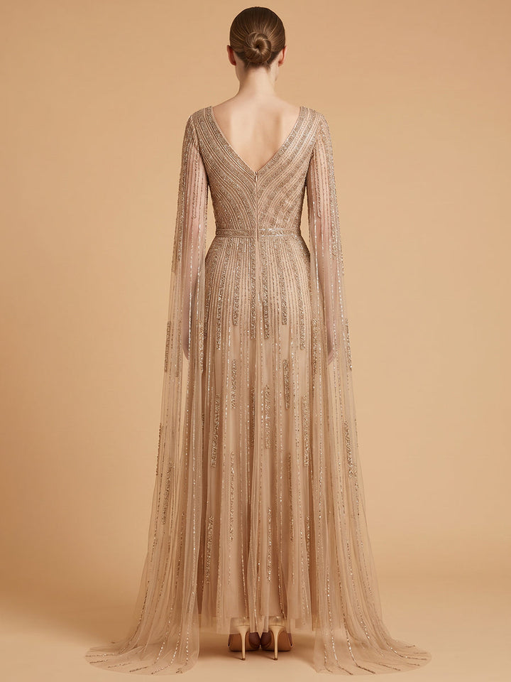 Lara 28835 V-Neck Beaded Dress with Long Cape Sleeves