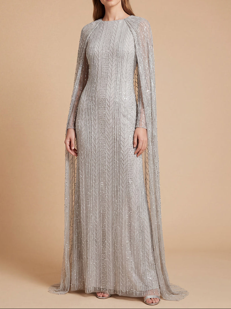 Lara 28837 High Neck Linear Beaded Dress with Long Cape