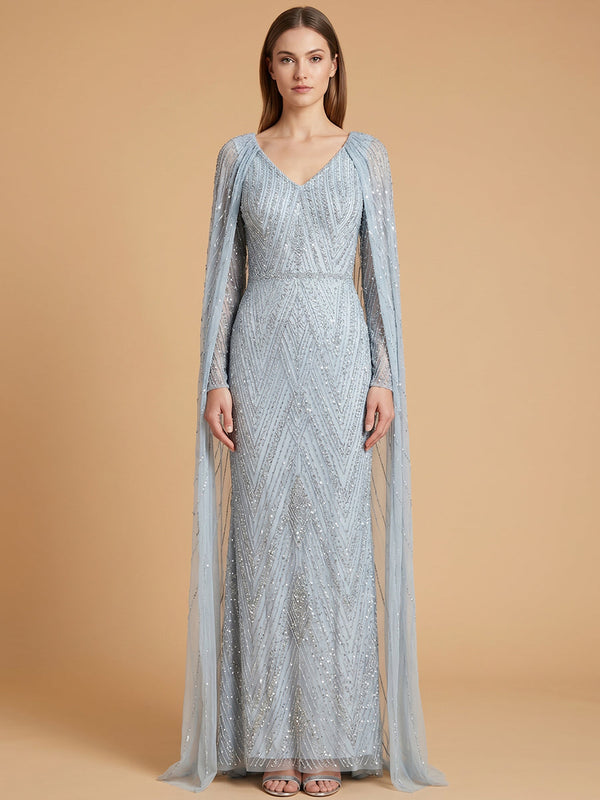 Lara 28839 V-Neck Beaded Dress with Long Cape