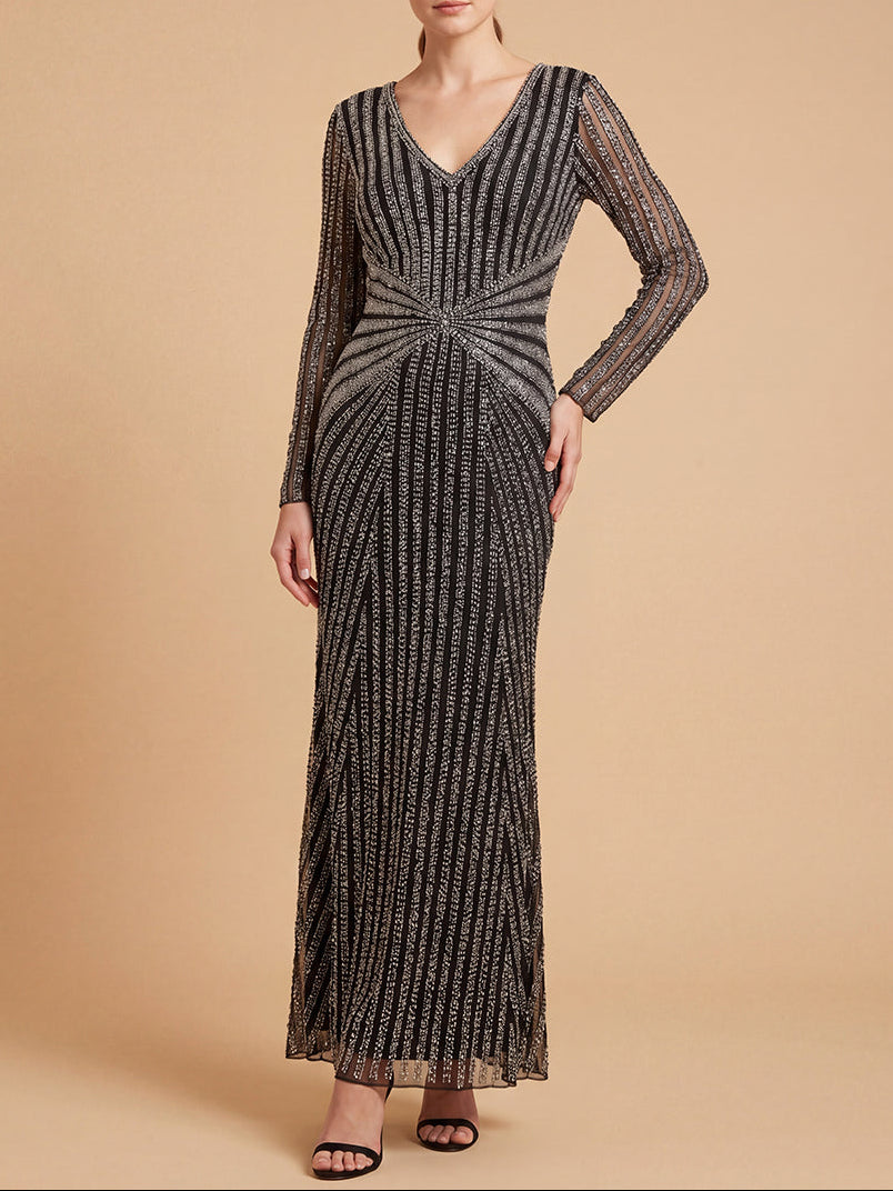 Lara 28892 fitted mermaid long sleeve beaded gown