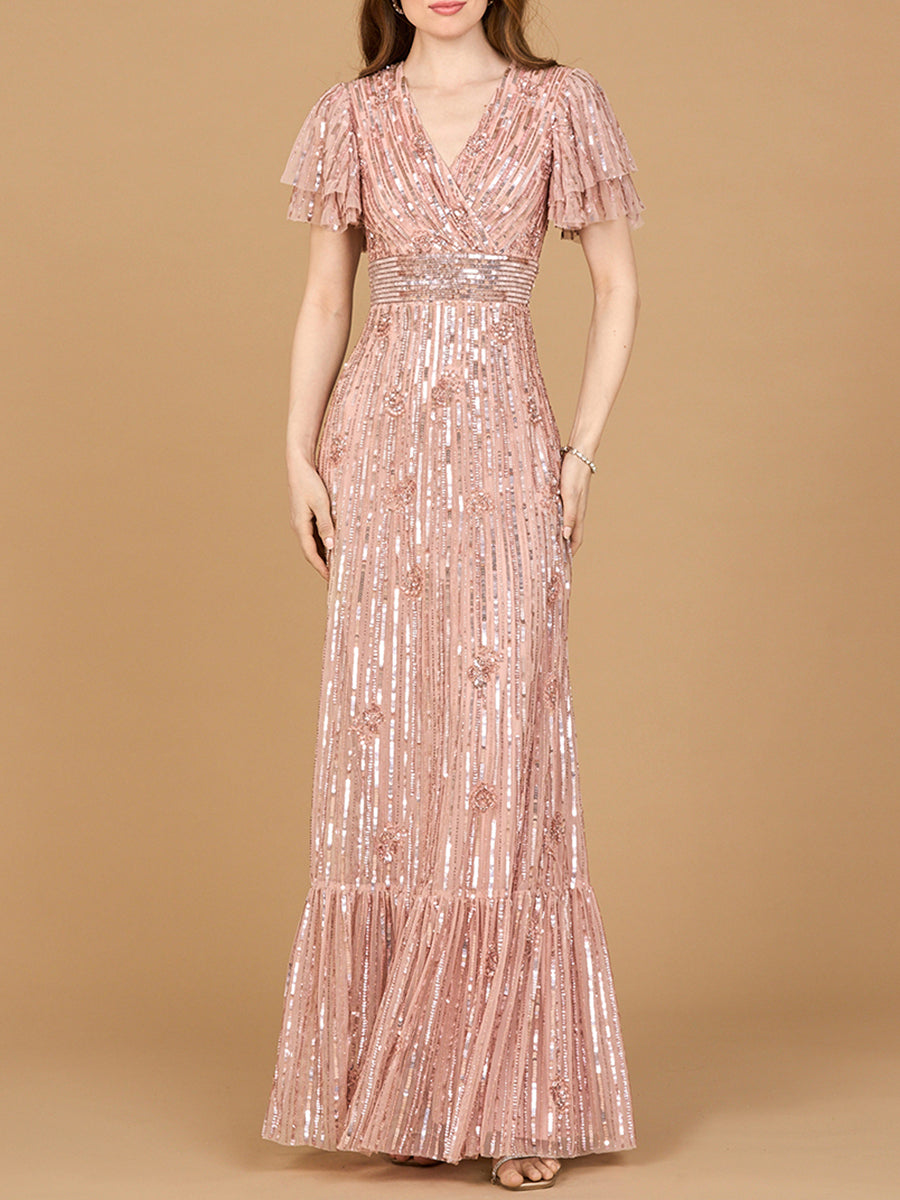 Lara 28899 Elegant Beaded Gown with Flutter Sleeves - FOSTANI.com