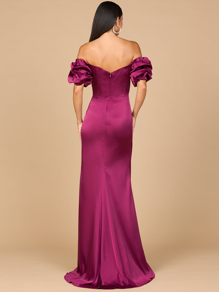 Lara 28957 off shoulder sheath dress with slit, back view