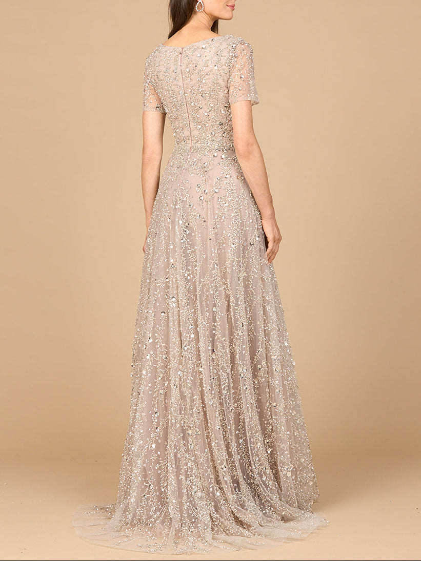 Lara 28958 short sleeve V-neck beaded ballgown, back view