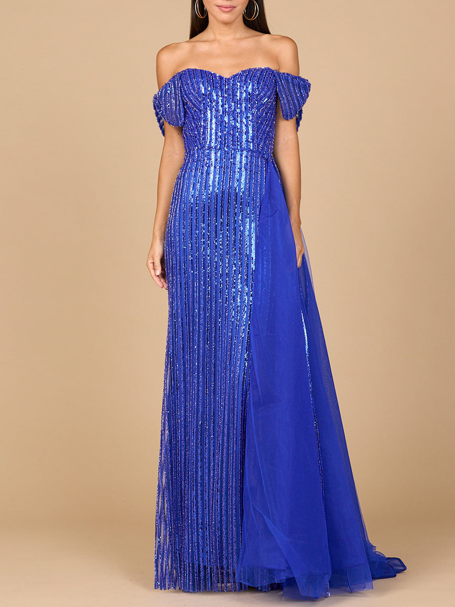 Lara 28959 off shoulder fitted beaded gown, front view