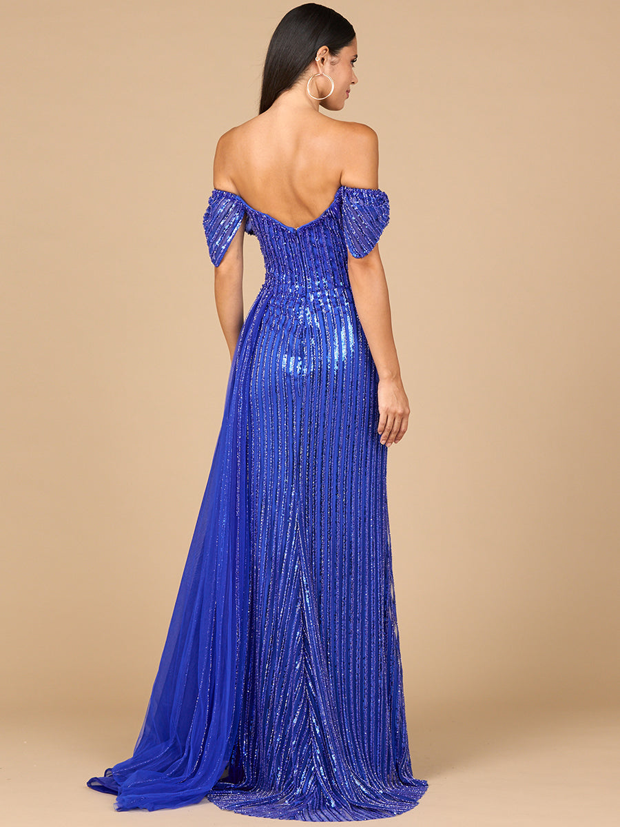 Lara 28959 off shoulder fitted beaded gown, back view
