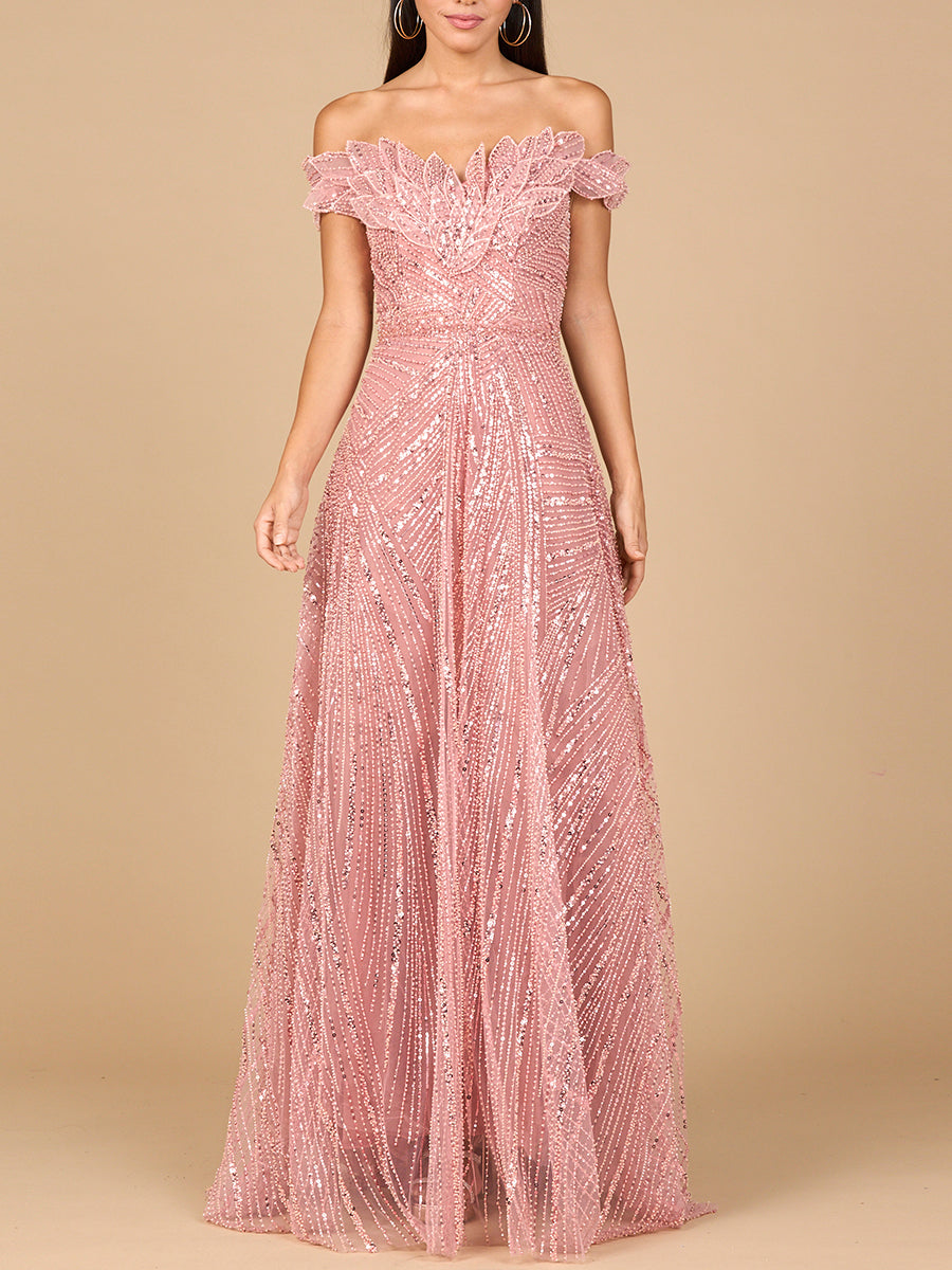 Lara 28962 off shoulder beaded ballgown, front view
