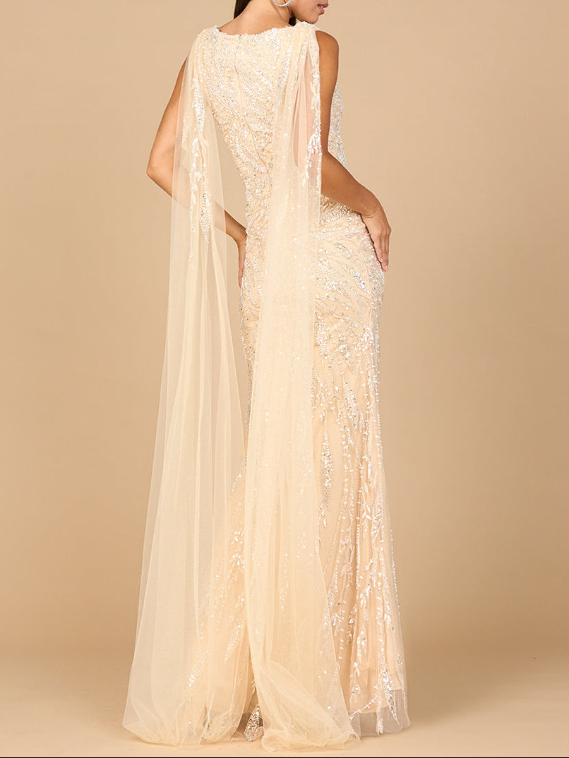 Lara 28963 V-neck gown with long cape sleeves, alternate colorway back