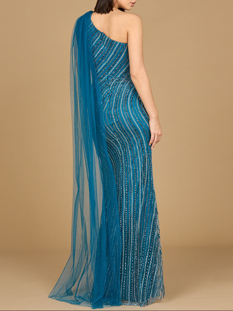 Lara 28964 one shoulder fitted beaded gown, back view