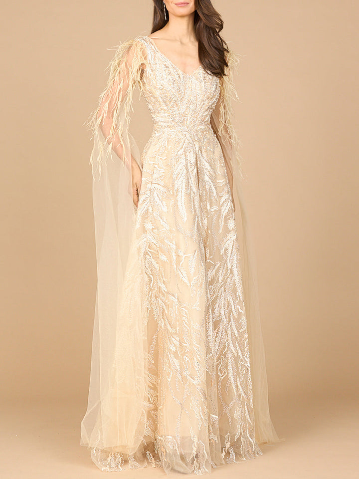 Lara 28965 V-neck gown with long cape sleeves, alternate colorway front