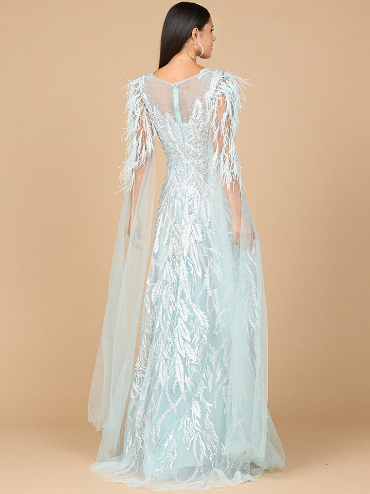 Lara 28965 V-neck gown with long cape sleeves, back view