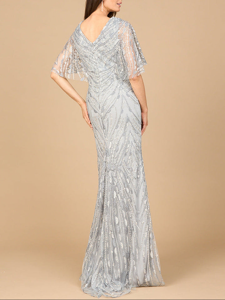 Lara 28966 cape sleeve mermaid gown, back view