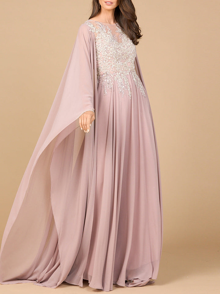 Lara 28968 A-line gown with cape sleeves, front view