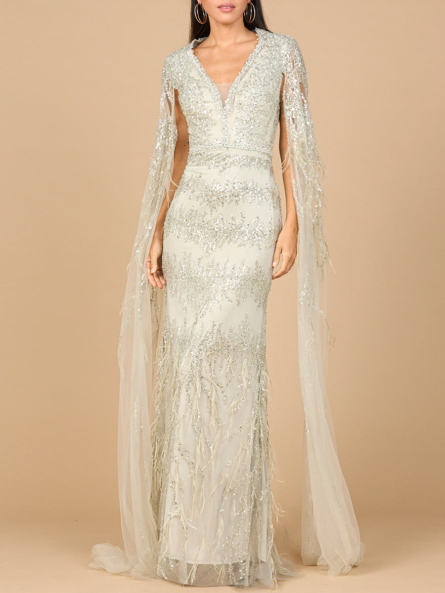 Lara 28969 V-neck gown with long cape sleeves and feathers, front view