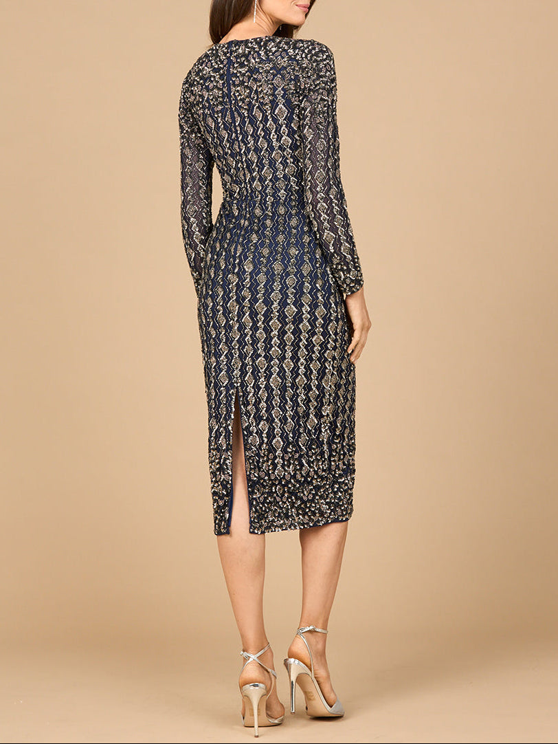 Lara 28982 beaded long sleeve midi dress, alternate colorway back