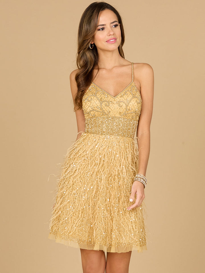 Lara 29016 long sleeve beaded feather cocktail dress, front view