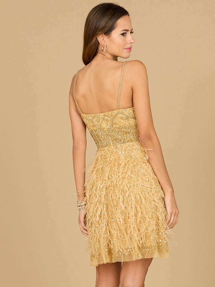 Lara 29016 long sleeve beaded feather cocktail dress, back view