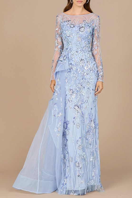 Lara 29040 fitted gown with asymmetrical overskirt, front view