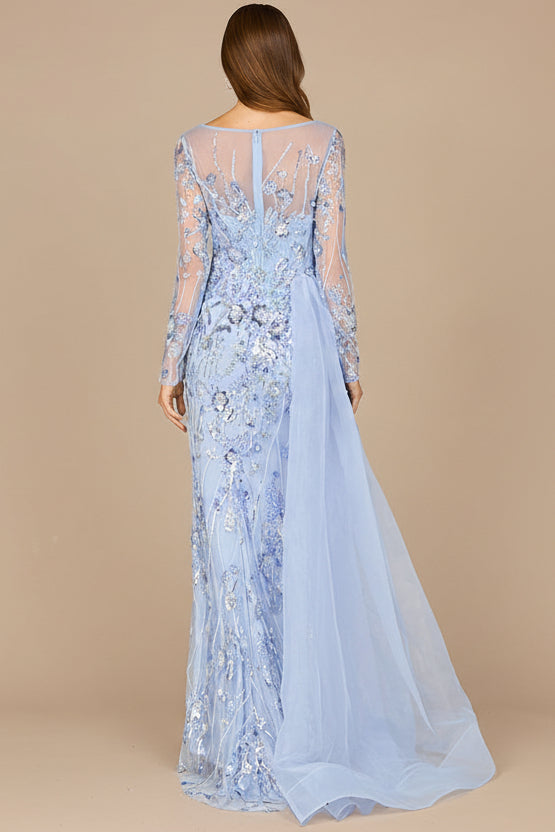 Lara 29040 fitted gown with asymmetrical overskirt, back view