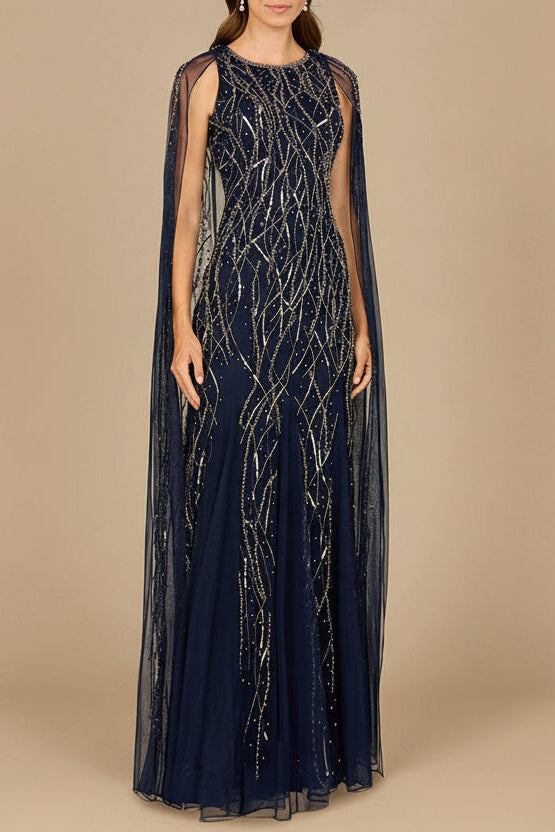 Lara 29093 beaded gown with long cape, front view