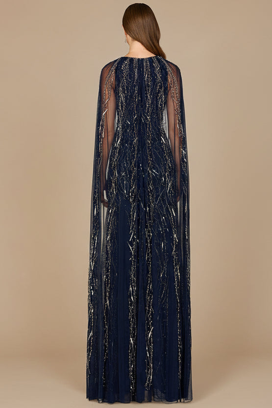 Lara 29093 beaded gown with long cape, back view