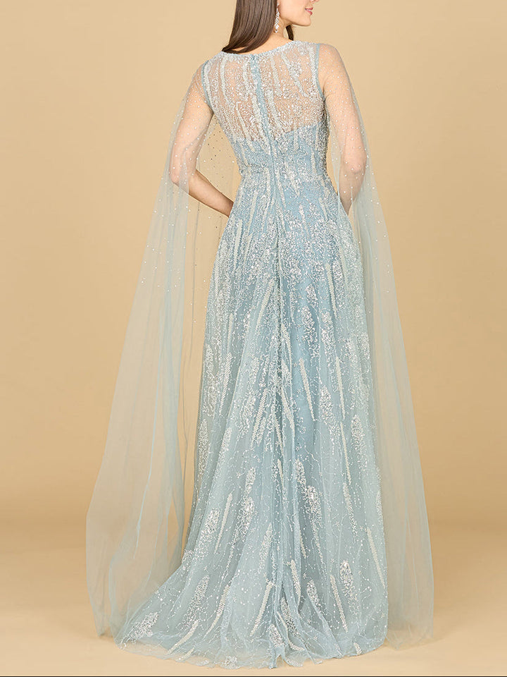 Lara 29143 V-neck gown with cape sleeves, back view