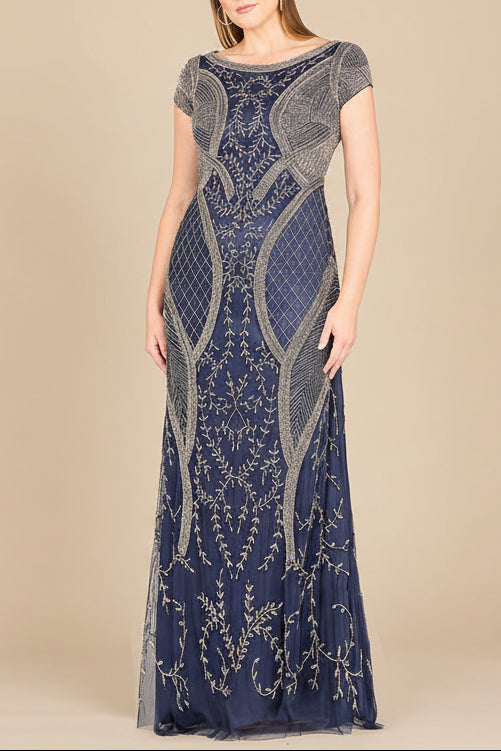 Lara 33609 fitted cap sleeve gown, front view