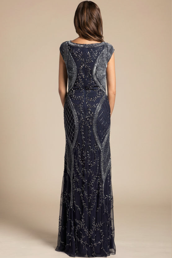 Lara 33609 fitted cap sleeve gown, back view