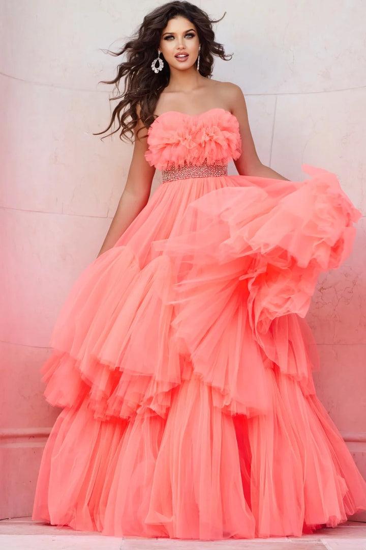 Jovani 38299 Strapless Tiered Ball Gown with Textured Bodice