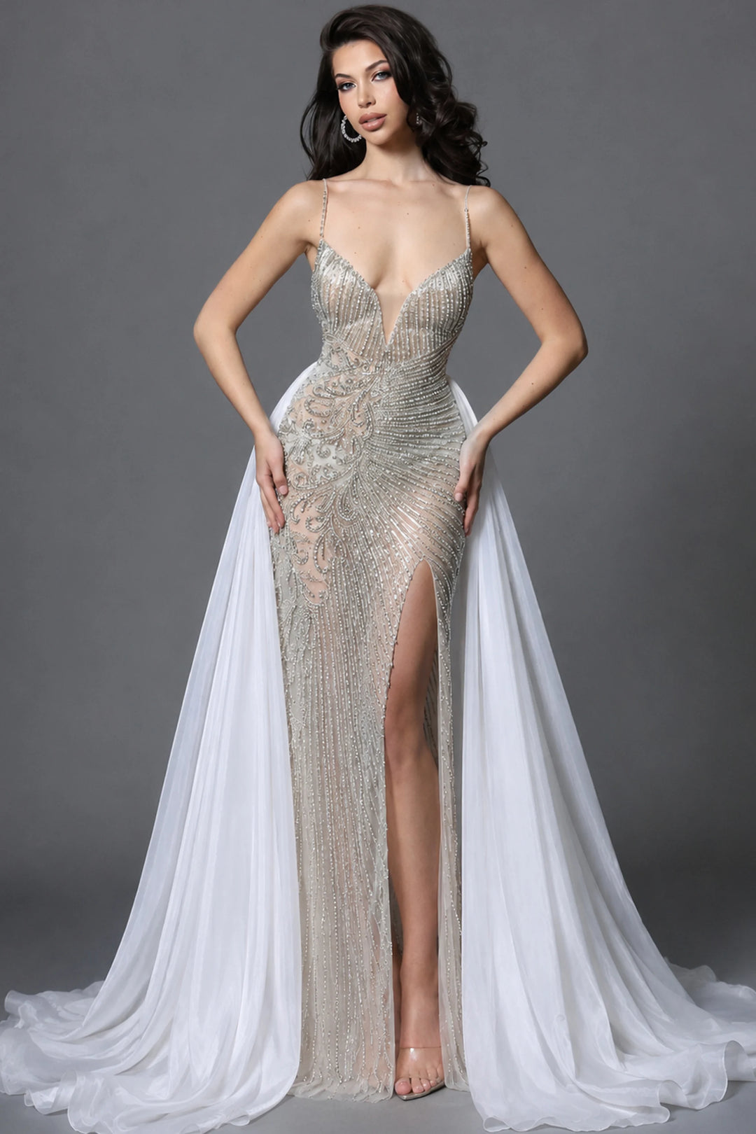 Jovani 38860 Beaded Dress with Plunging Neckline and Overskirt Pageant Dress